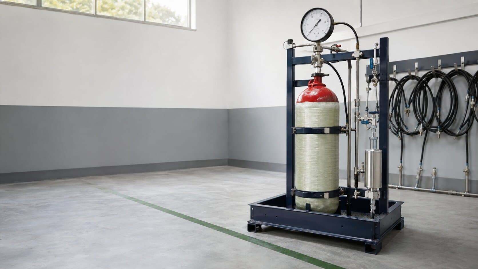 A CNG cylinder mounted in the hydrostatic test rig