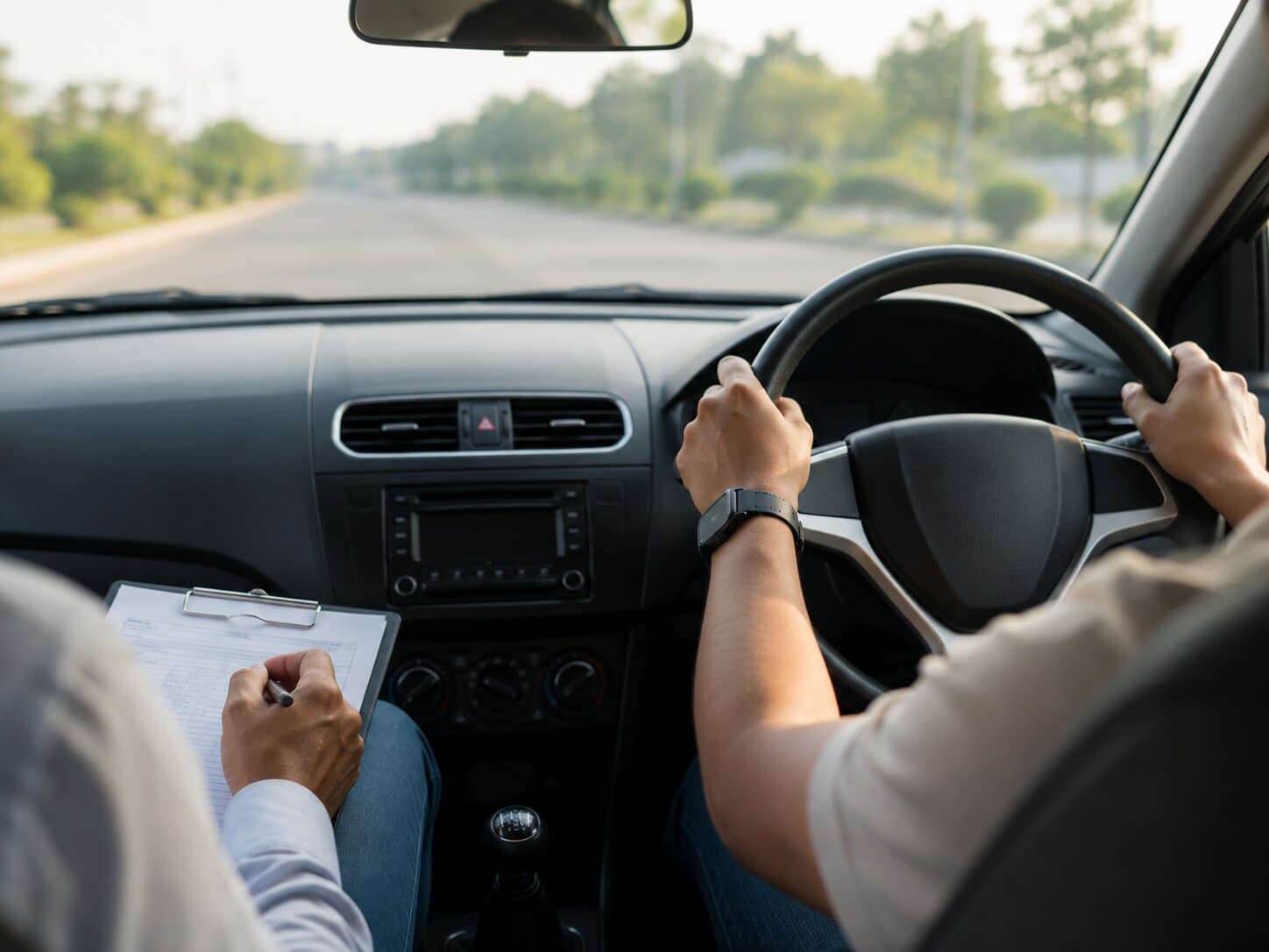 A learner's hands on the wheel with the instructor's clipboard alongside